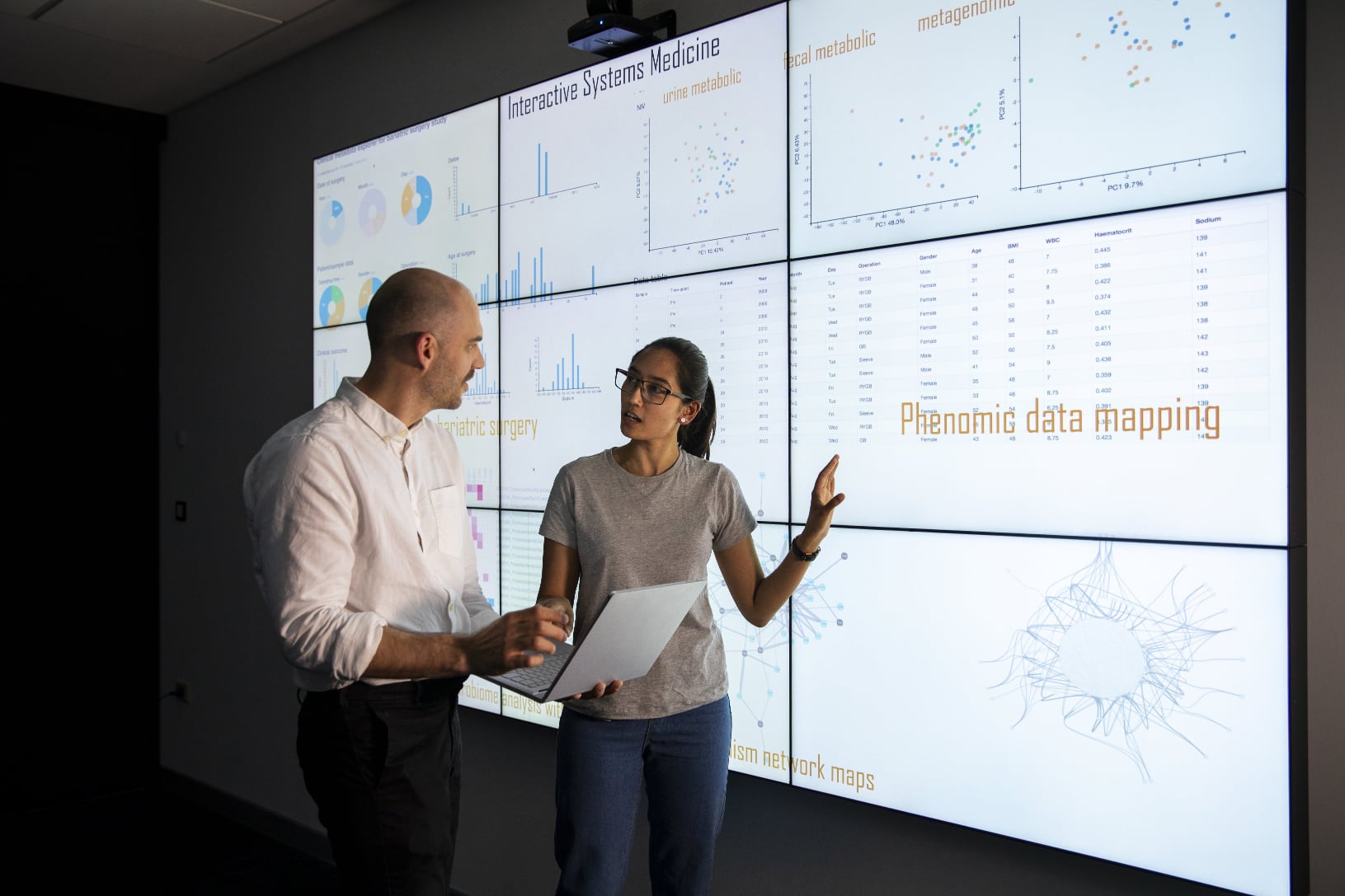 Woman and man looking at data on a screen